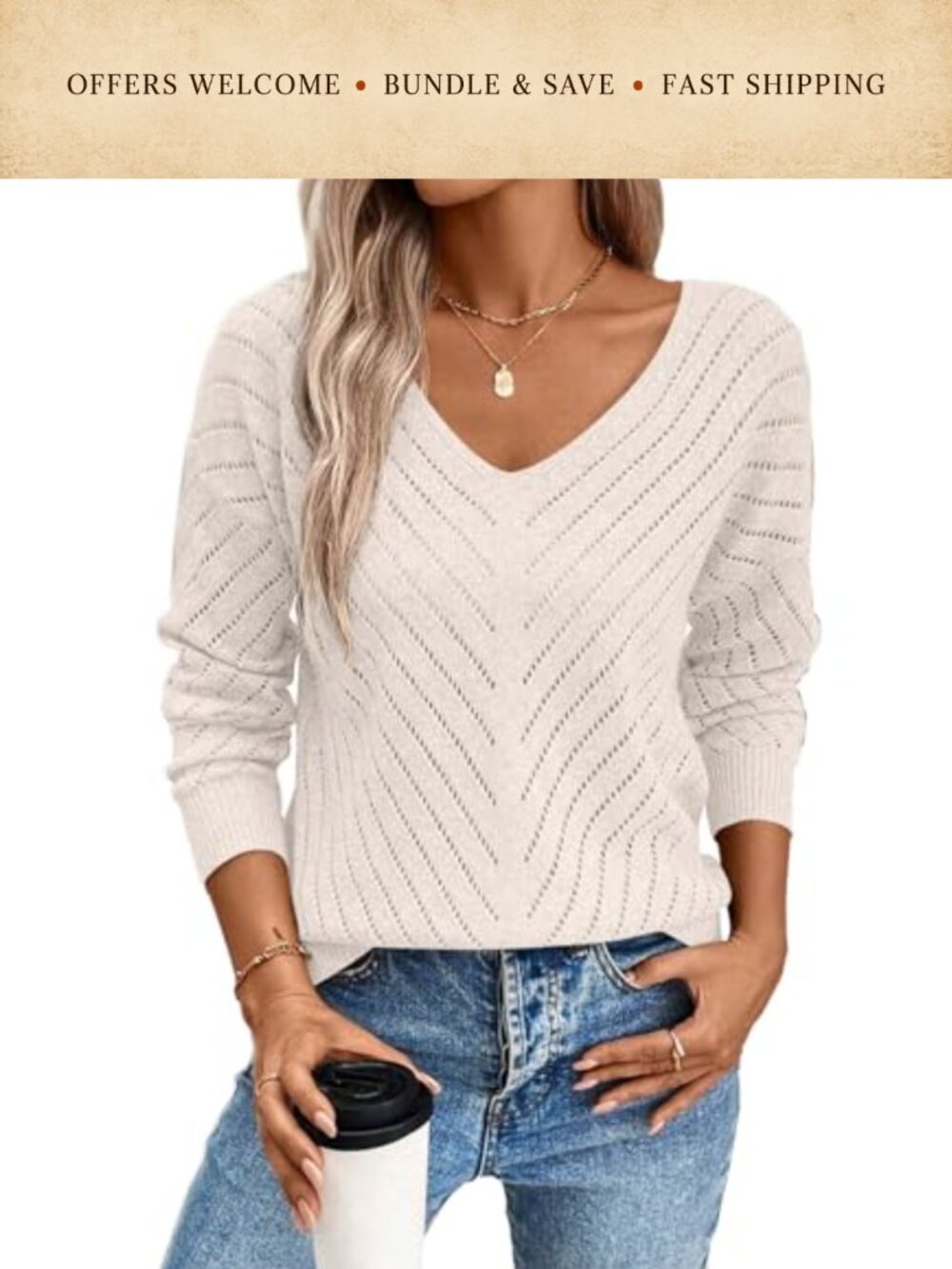 V Neck Long Sleeve Hollow Out Crochet Sweater Pullover